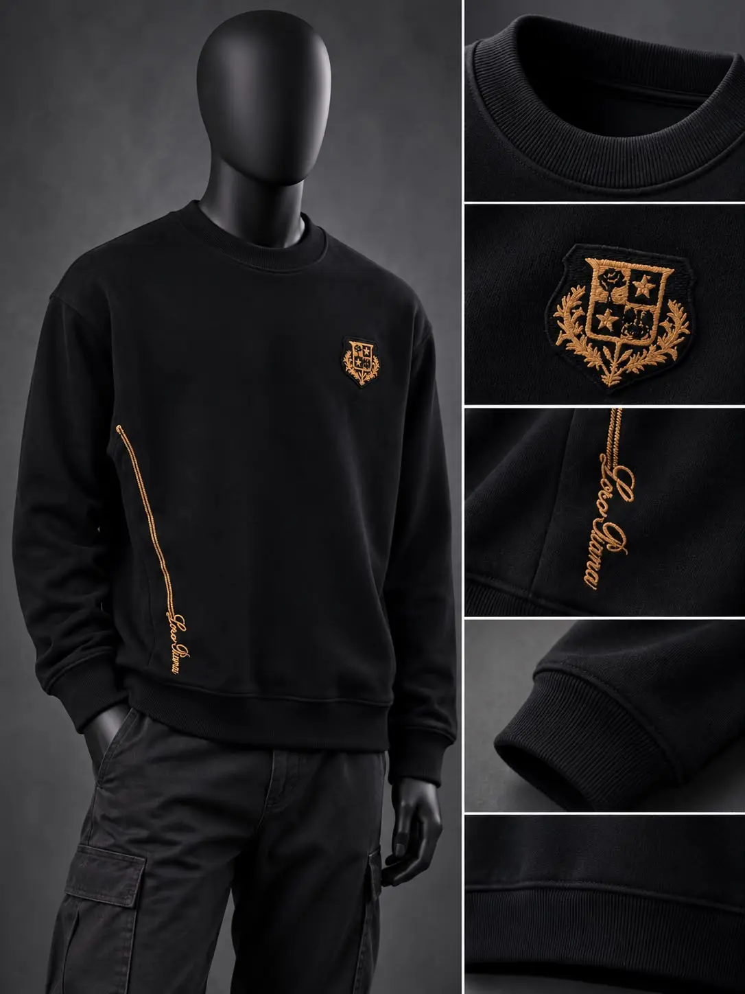 Side-Zip Crew Sweatshirt in Black