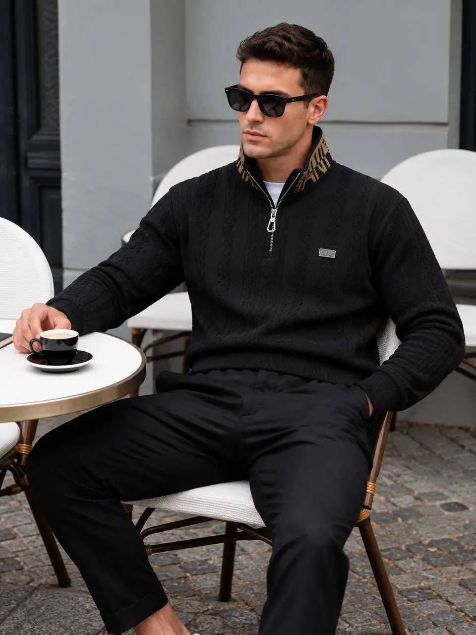 Fur-Collar Cable Quarter-Zip in Black