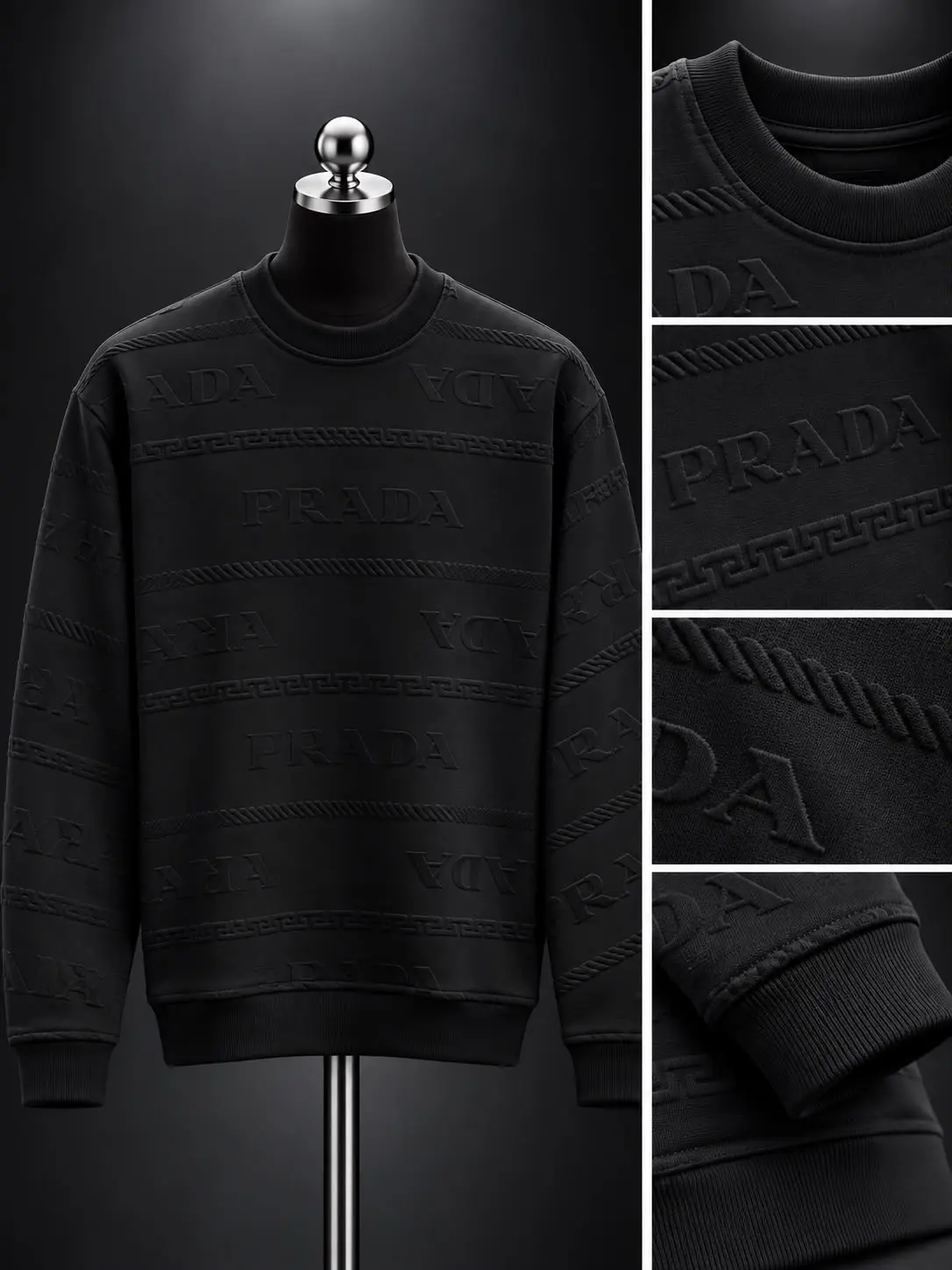 Embossed Lettering Panel Crew Sweatshirt in Black