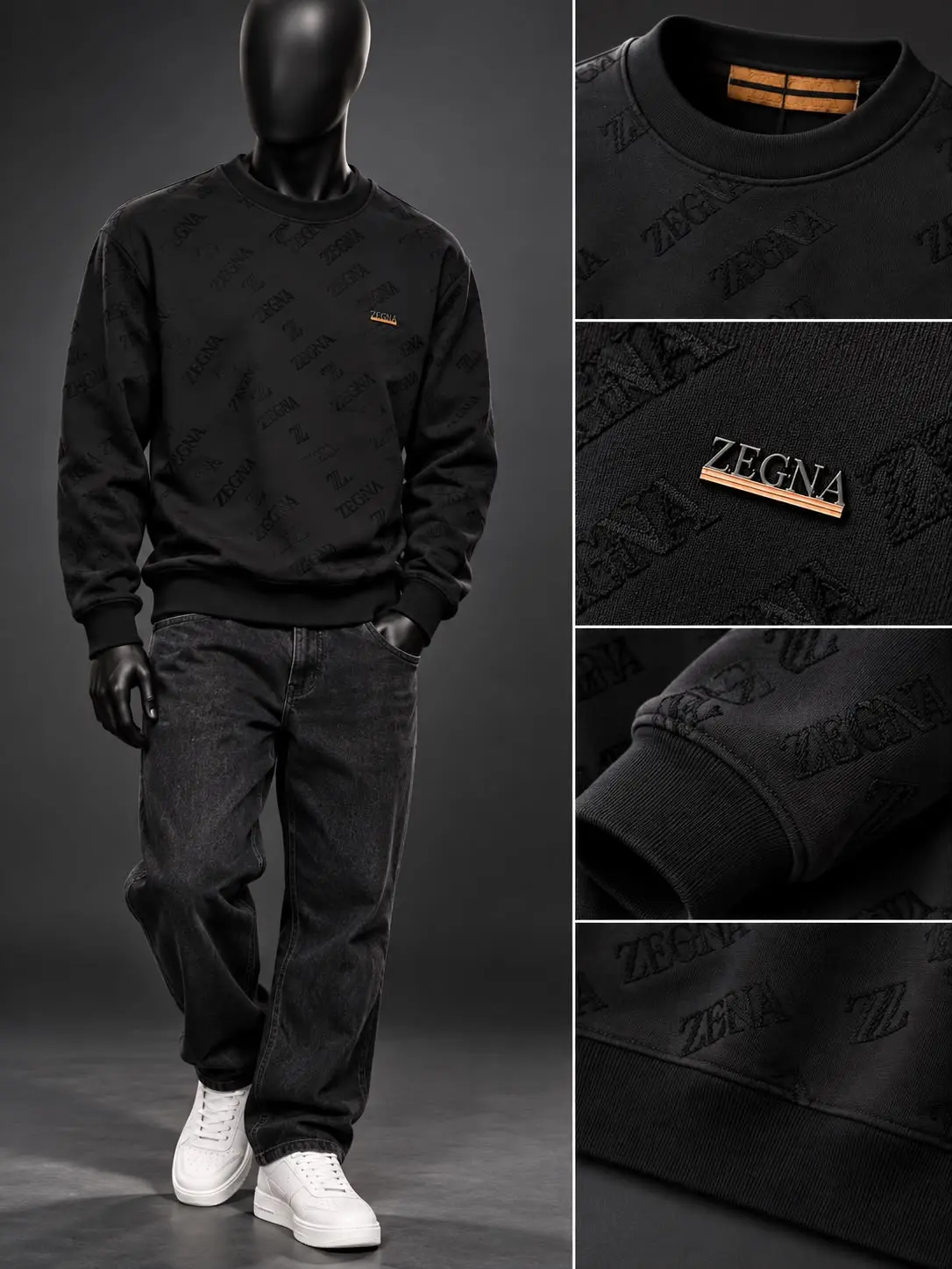 Embossed Script Badge Crew Sweatshirt in Black, photo 2