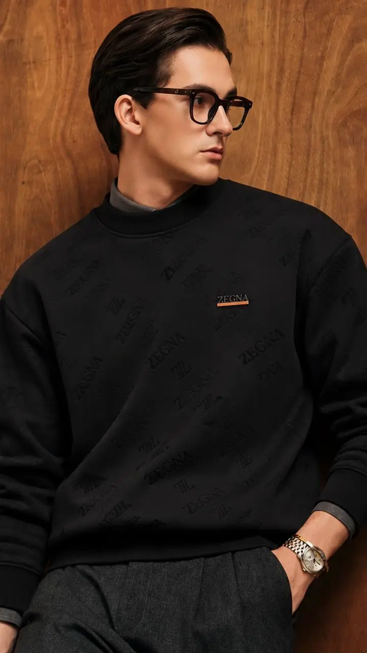 Embossed Script Badge Crew Sweatshirt in Black, photo 7