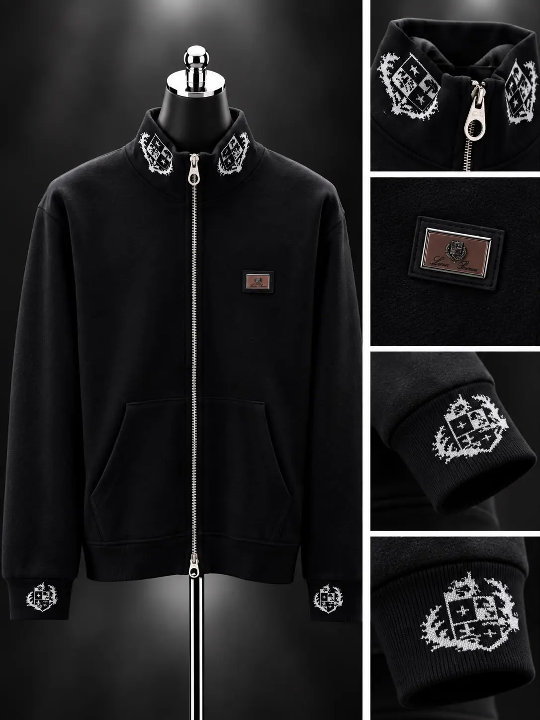 Crest-Collar Zip Jacket in Black