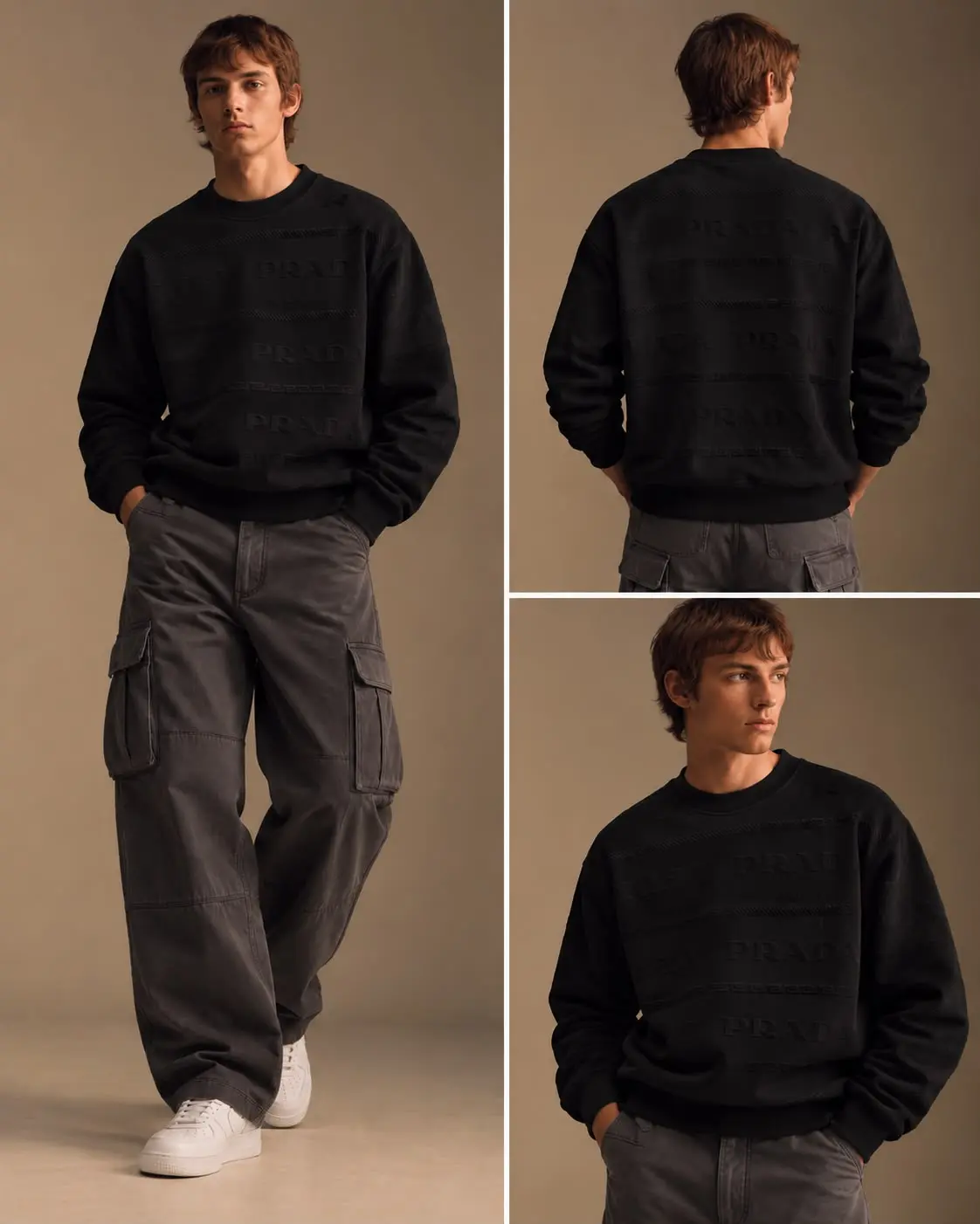 Embossed Lettering Texture Crew Sweatshirt in Black, photo 2