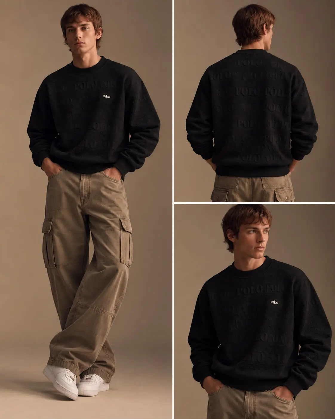Embossed Lettering Texture Crew Sweatshirt in Black, photo 4