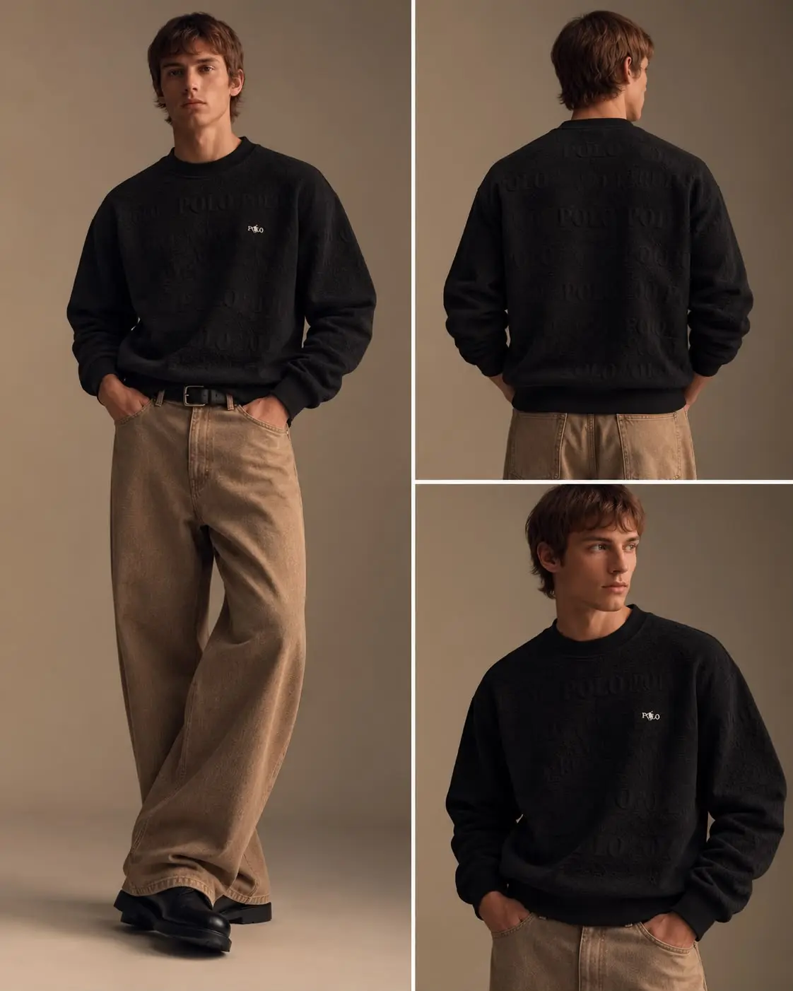 Embossed Lettering Texture Crew Sweatshirt in Black, photo 5