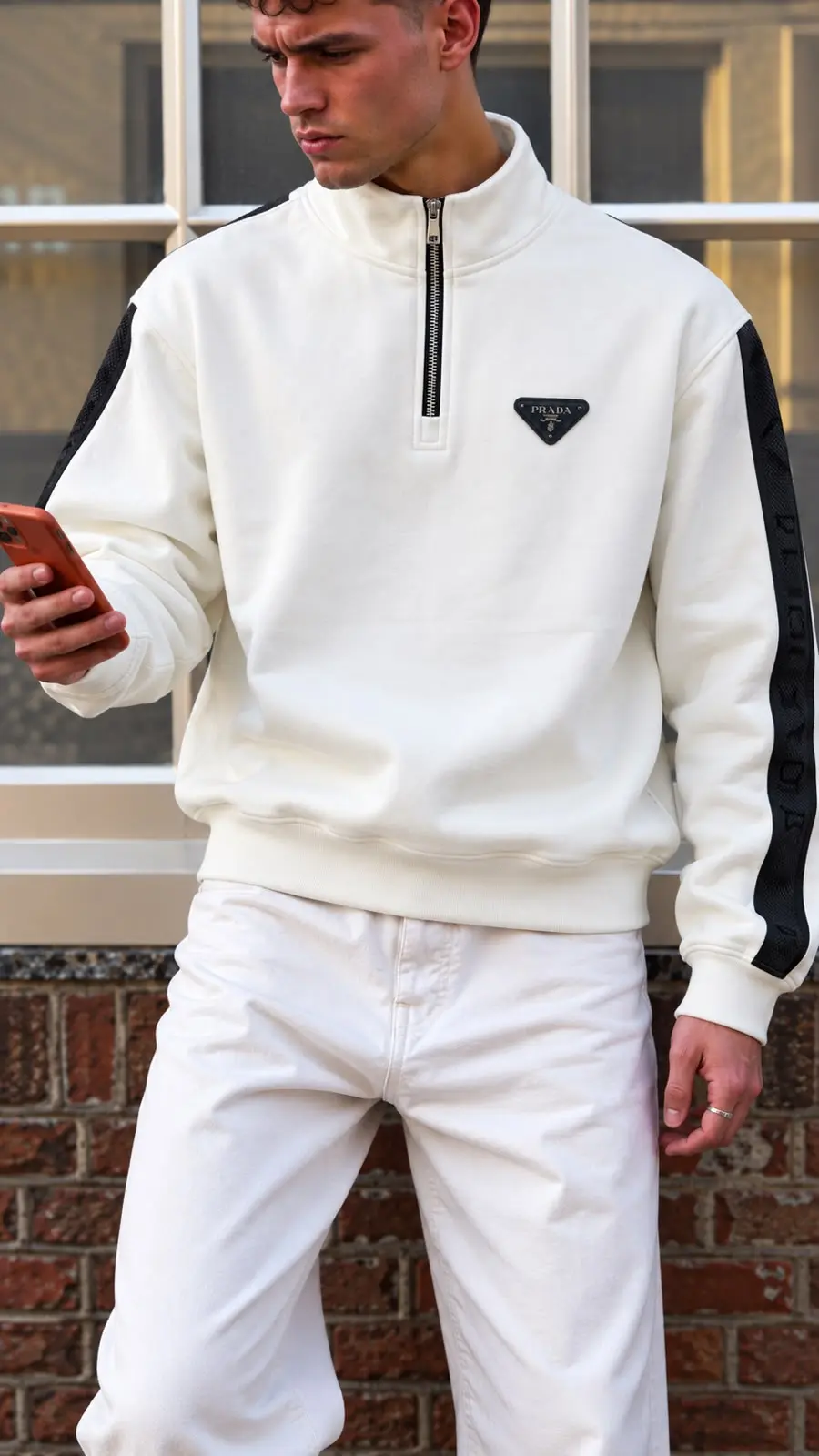 Contrast-Sleeve Quarter-Zip in White
