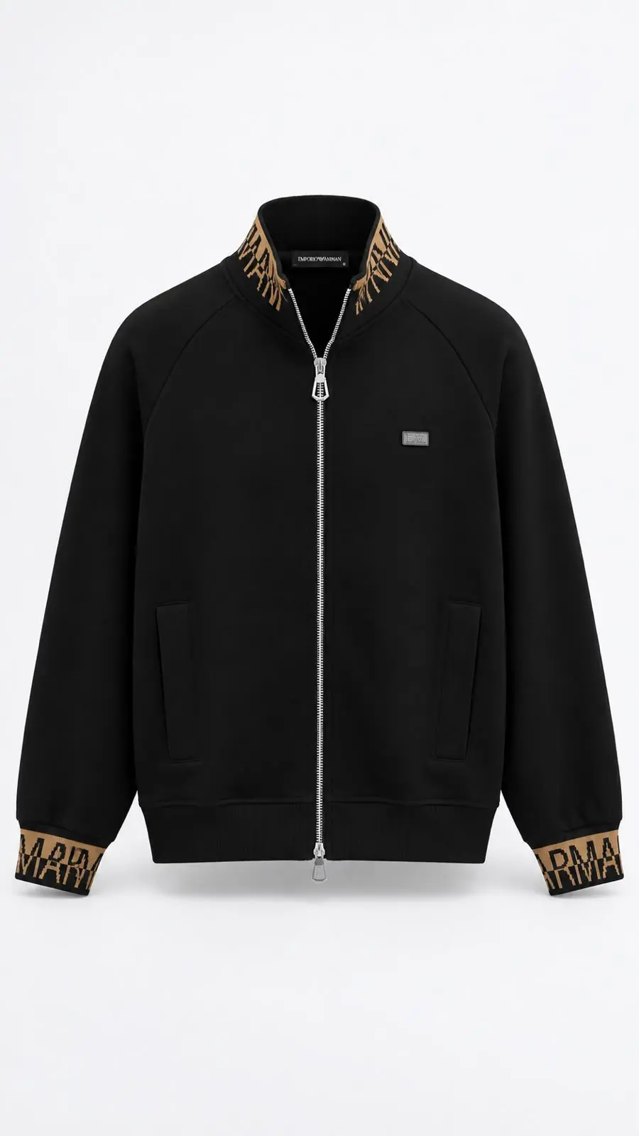 Jacquard-Collar Zip Jacket in Black