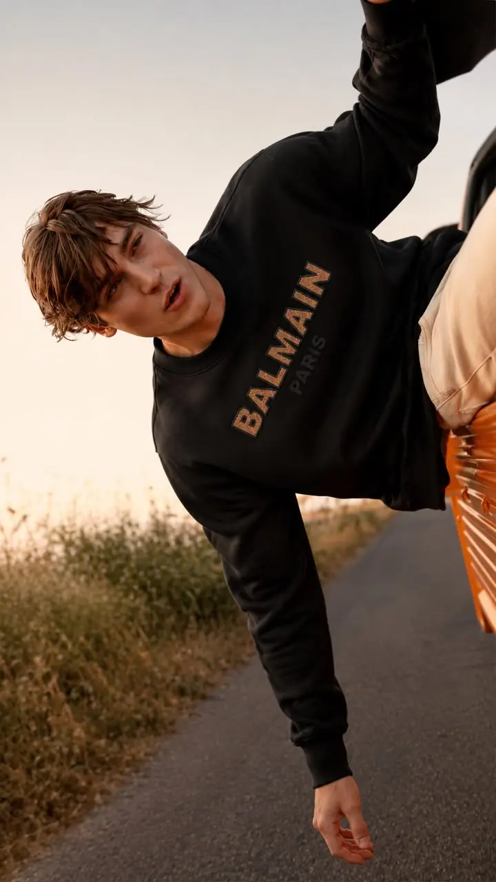 Flocked Logo Crew Sweatshirt in Black