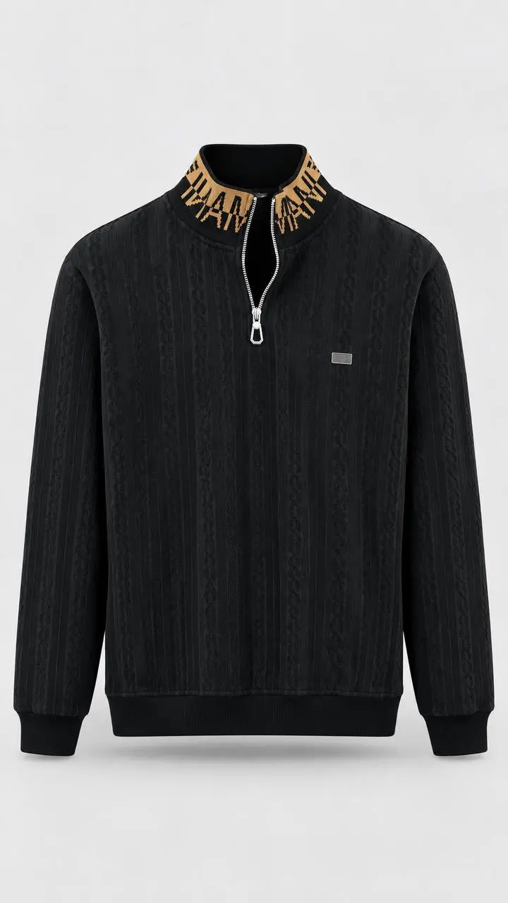 Cable Texture Quarter-Zip in Black