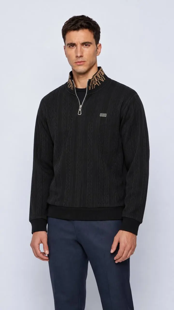 Cable Texture Quarter-Zip in Black, photo 3