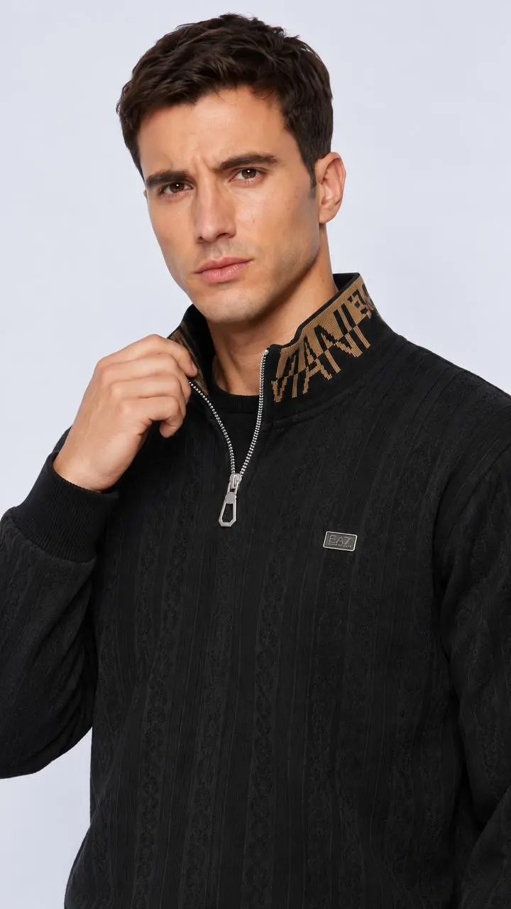 Cable Texture Quarter-Zip in Black, photo 5