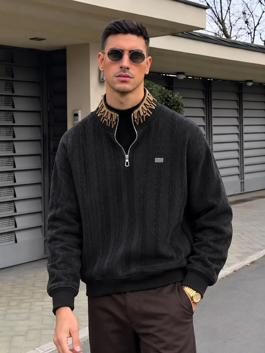 Cable Texture Quarter-Zip in Black, photo 9