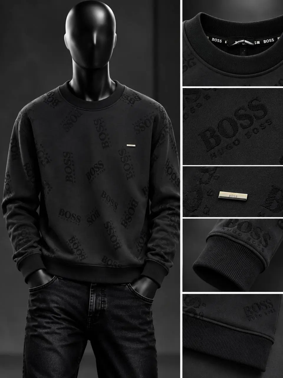 Embossed Lettering Crew Sweatshirt in Black