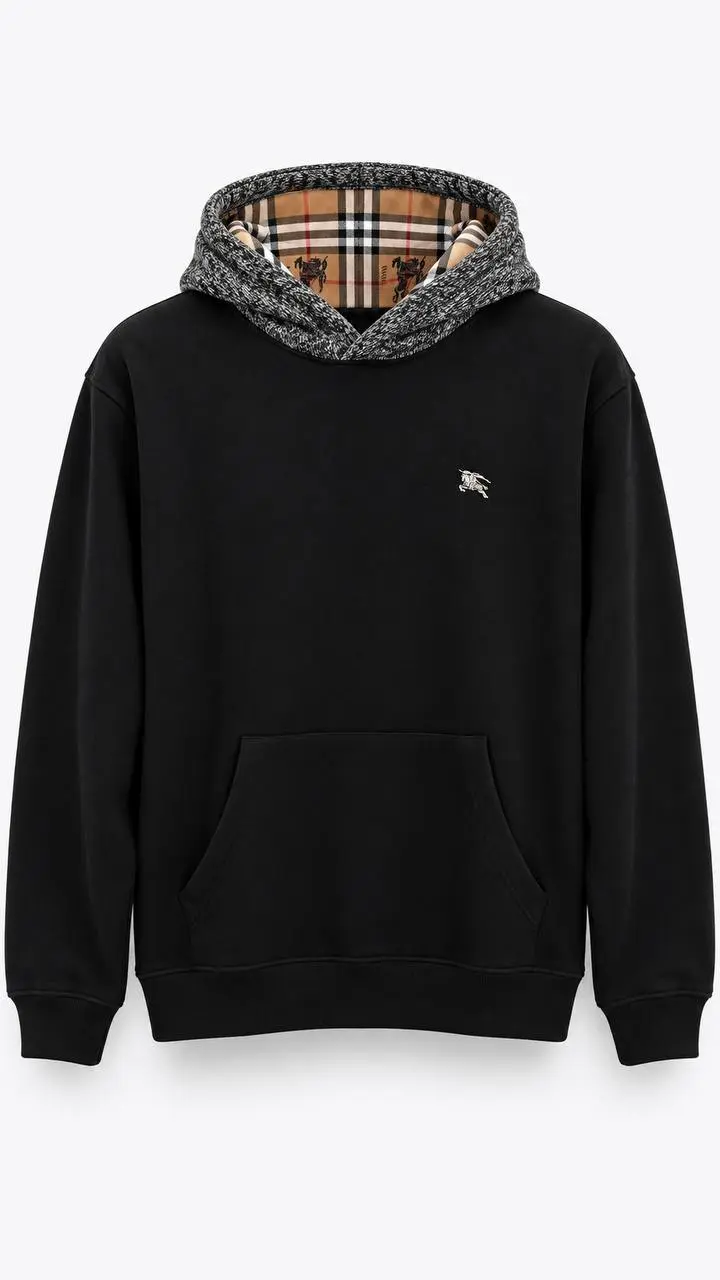 Check-Lined Hood Hoodie in Black