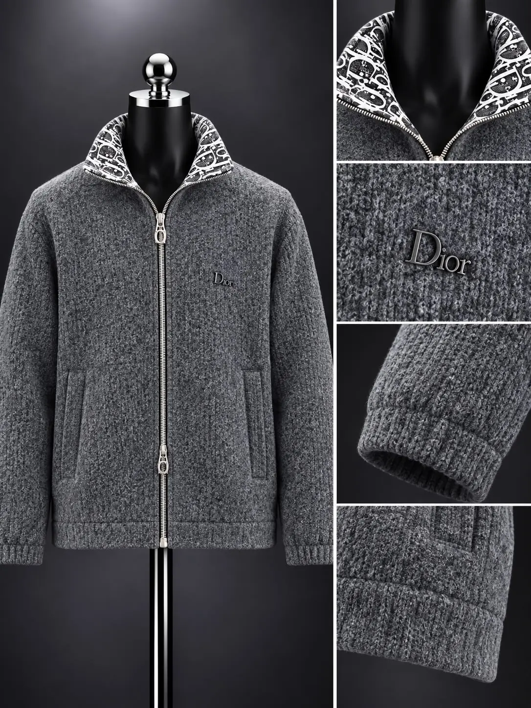 Patterned-Collar Zip Jacket in Grey