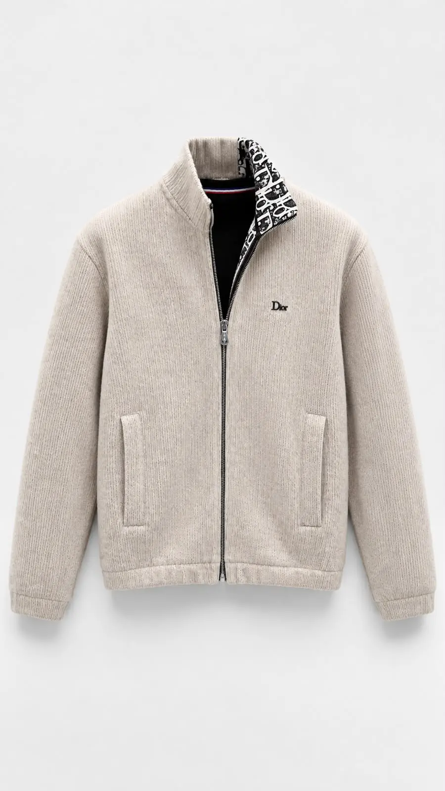 Patterned-Collar Zip Jacket in Beige