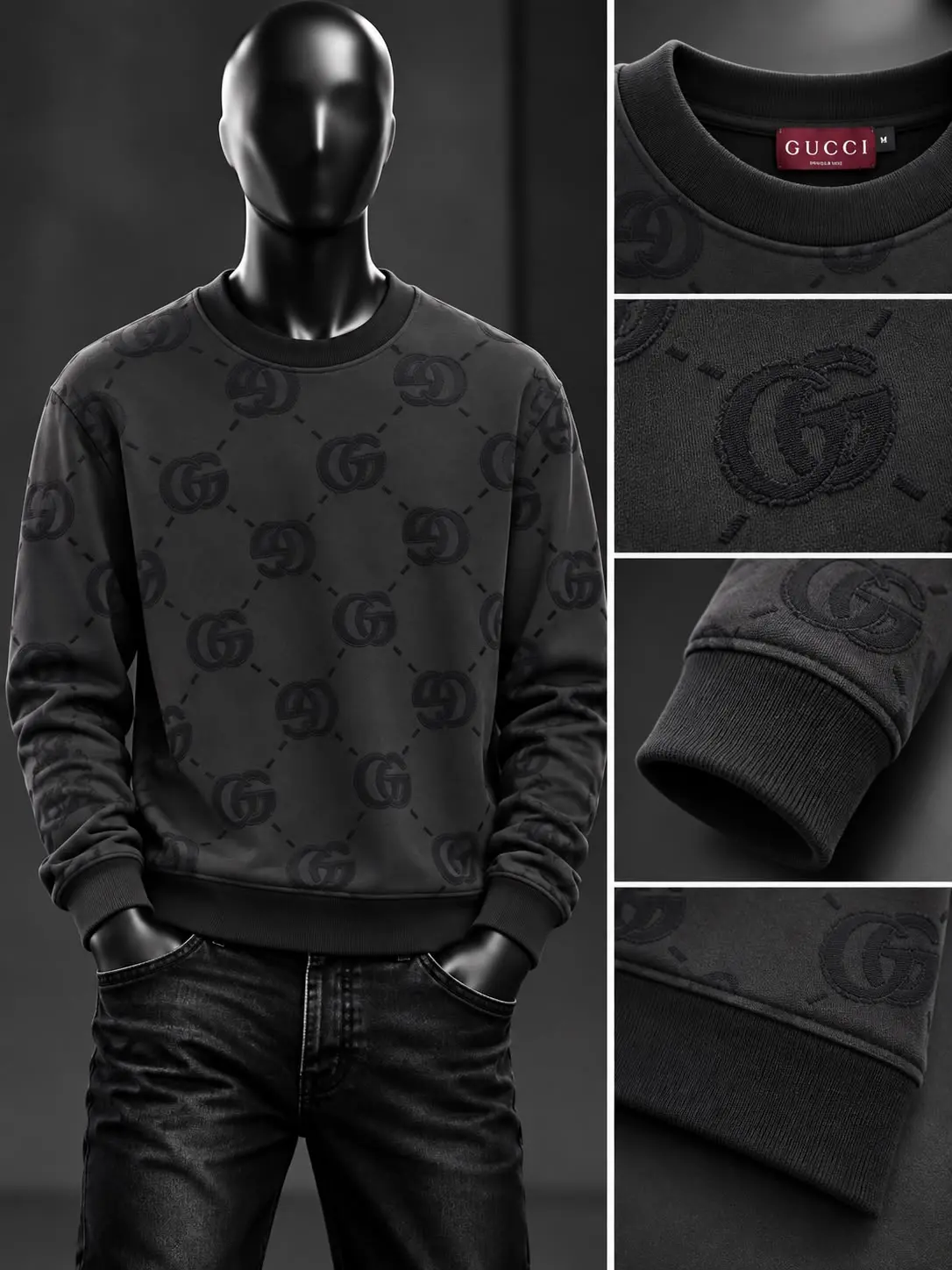 Embossed Interlock Crew Sweatshirt in Black, photo 2