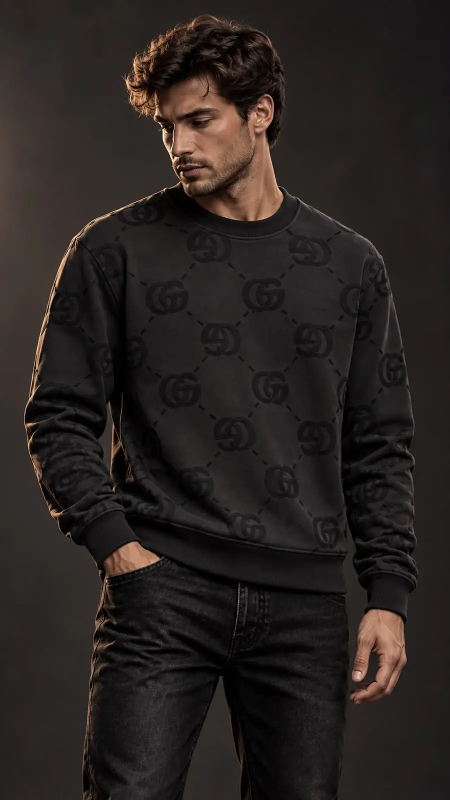 Embossed Interlock Crew Sweatshirt in Black, photo 4