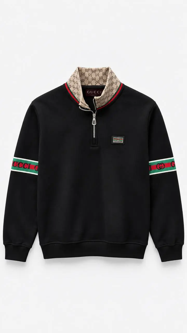 Striped-Sleeve Quarter-Zip in Black