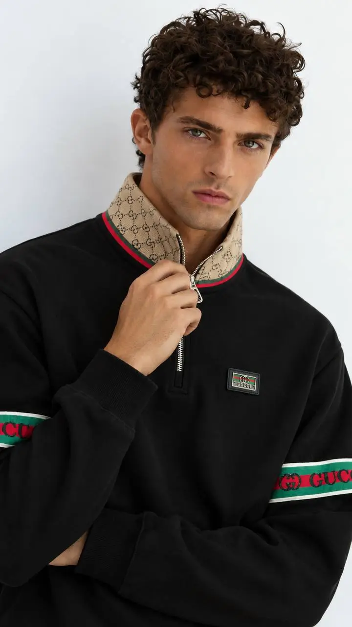 Striped-Sleeve Quarter-Zip in Black, photo 3