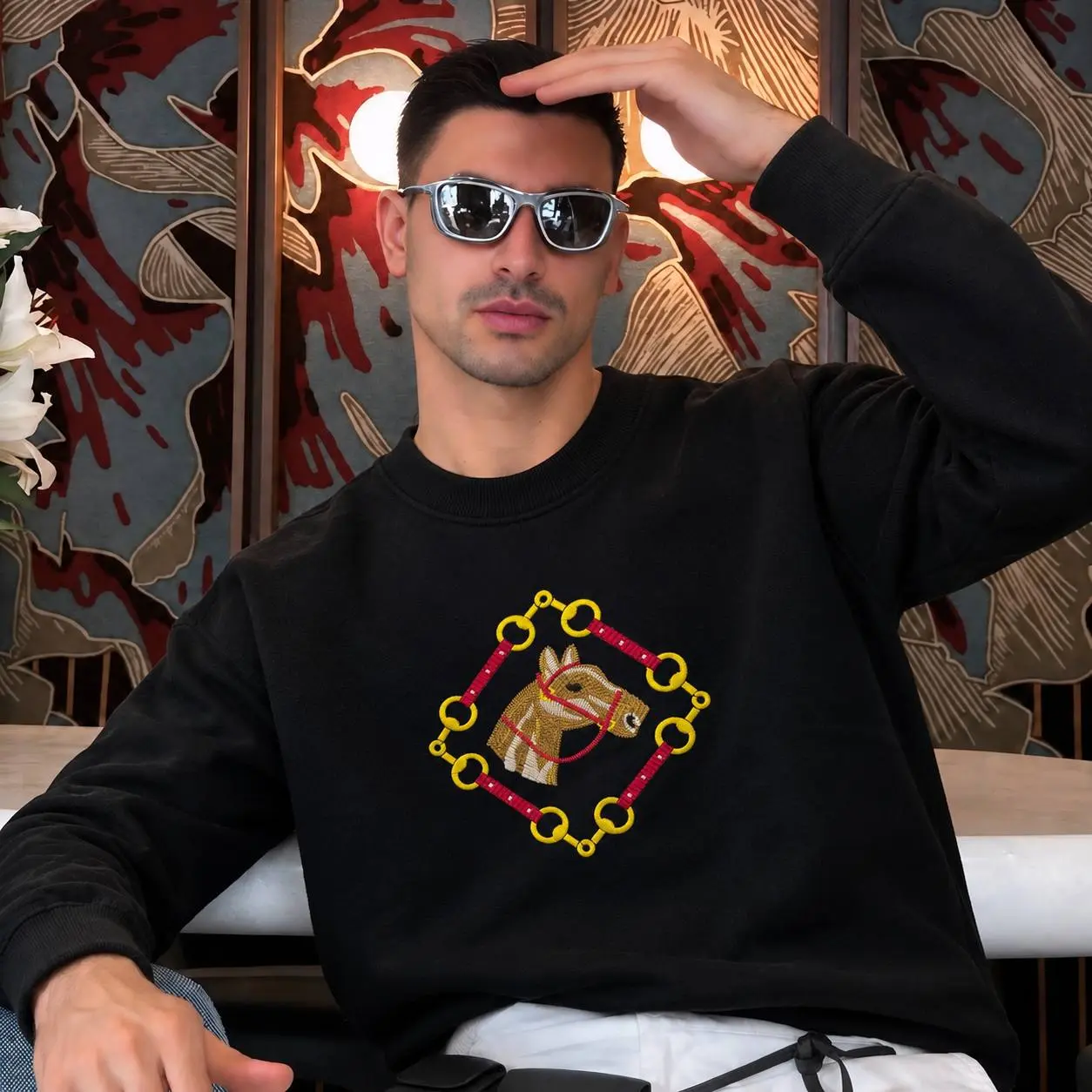 Horse Emblem Crew Sweatshirt in Black