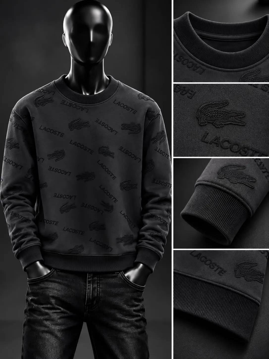 Embossed Logo Pattern Crew Sweatshirt in Black